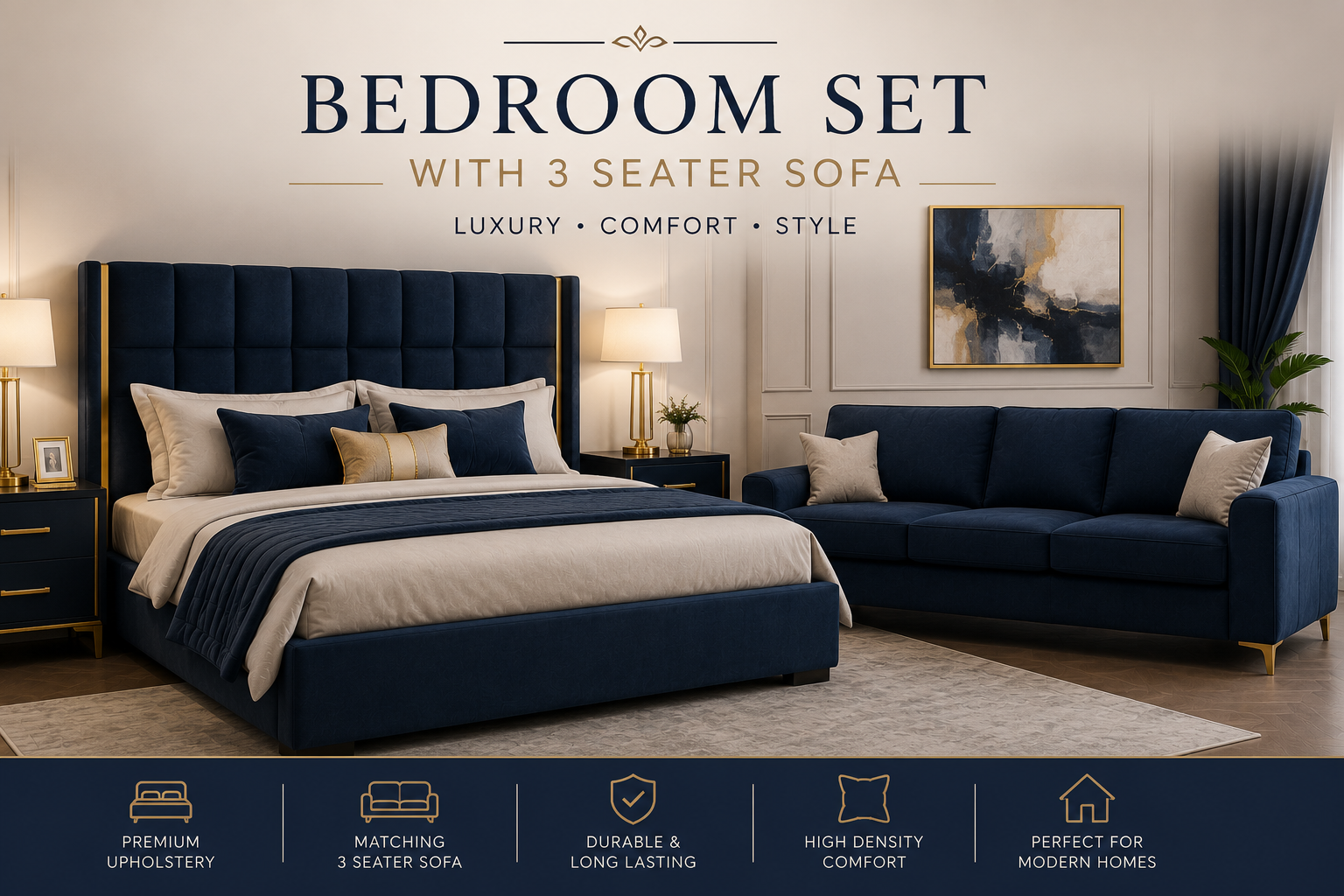 Luxe Living Luxury Bedroom Set with 3 Seater Sofa – Navy Blue Velvet