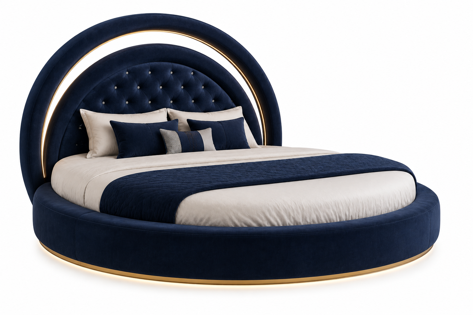 Luxe Living Luxury Round Upholstered Bed – Navy Blue Velvet