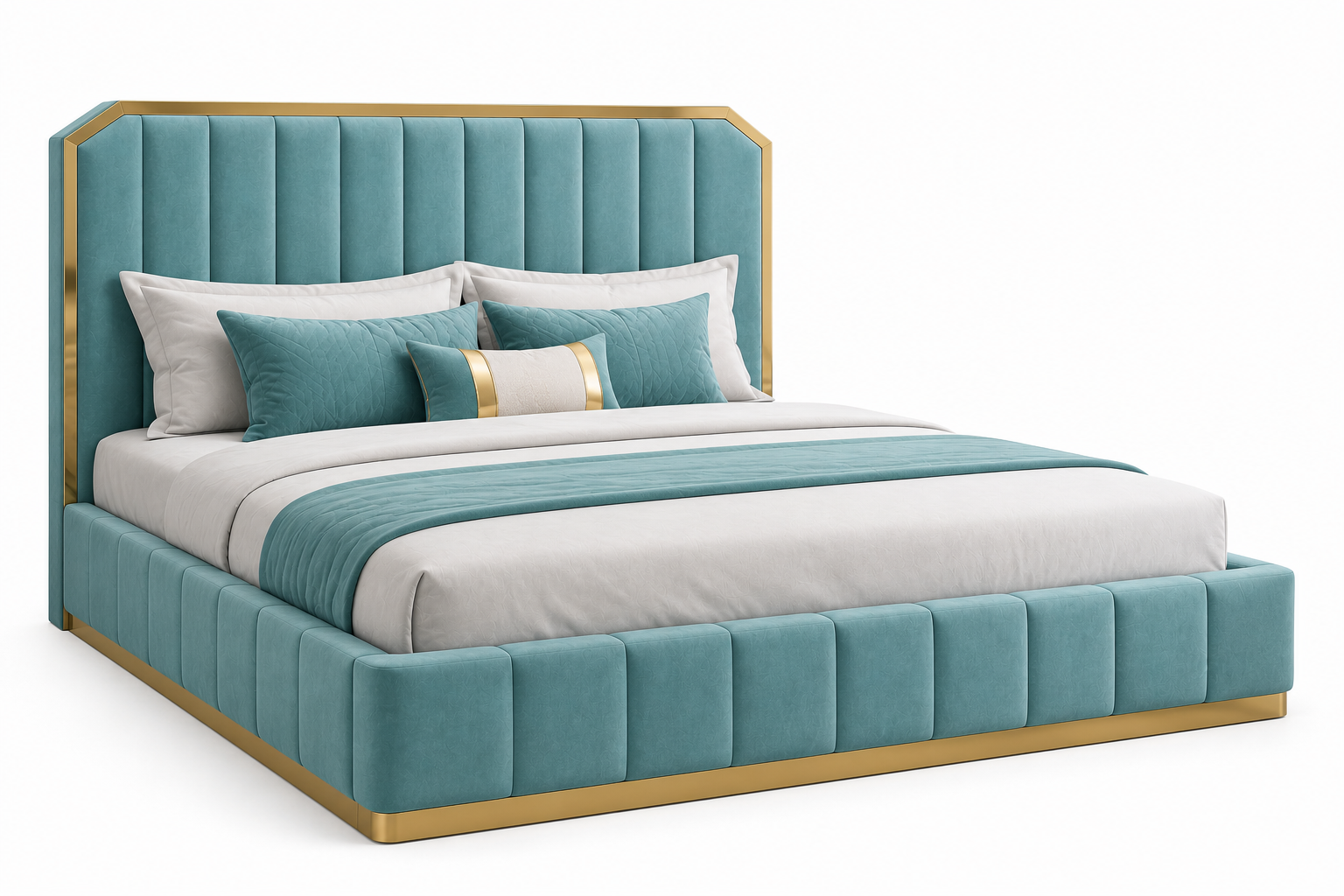 Luxe Living Luxury King Size Upholstered Bed – Teal Velvet with Gold Accents