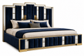 Luxe Living Royal Premium King Size Bed – Navy Velvet with Mirrored Panels & Gold Trim