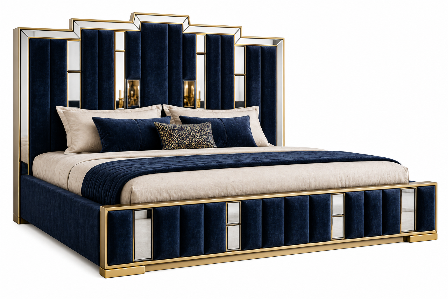 Luxe Living Royal Premium King Size Bed – Navy Velvet with Mirrored Panels & Gold Trim