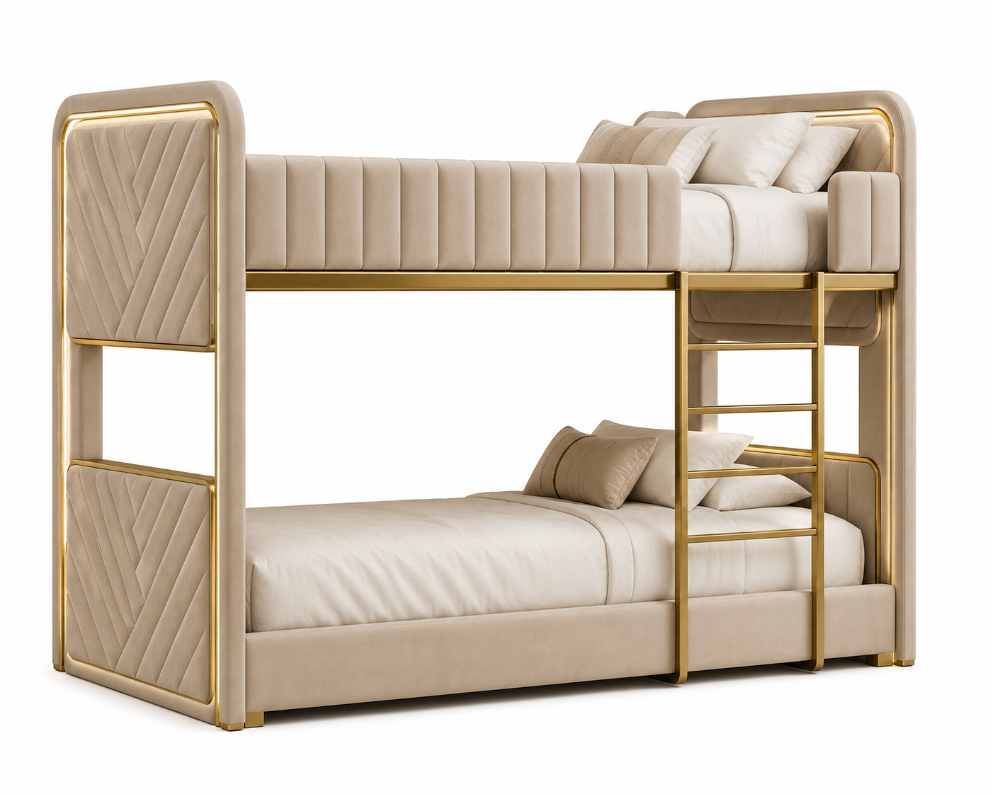 Luxe Living Royal Twin Over Twin Bunk Bed – Cream Velvet with Gold Accents
