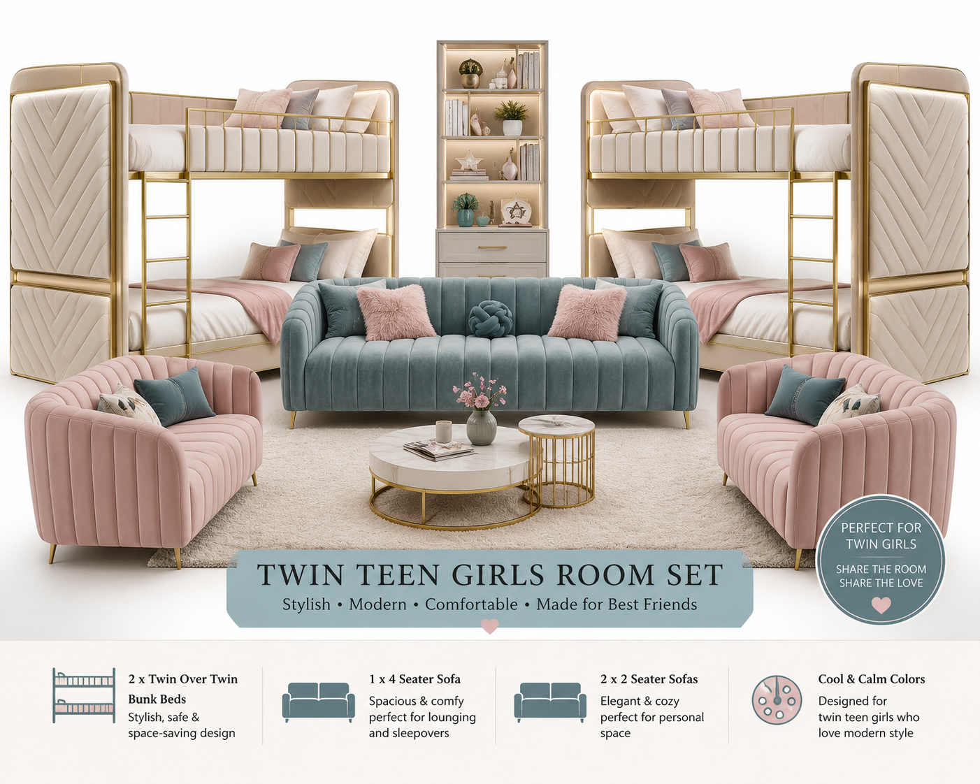 Luxe Living Royal Twin Teen Girls Bedroom Set – 2 Luxury Bunk Beds & Premium Sofa Collection