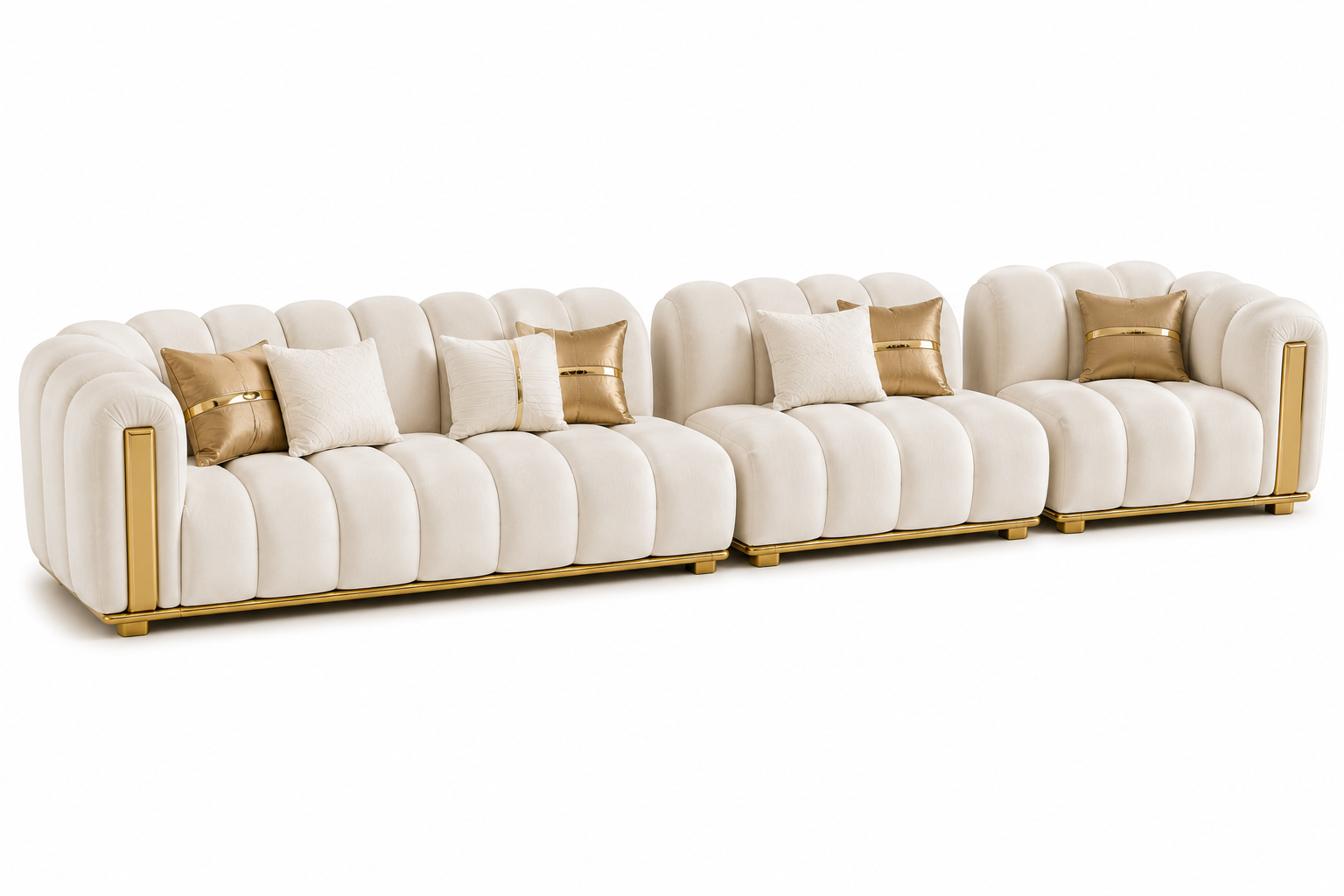 Luxe Living Royal Bubble 7 Seater Sofa Set – Ivory Velvet with Gold Accents