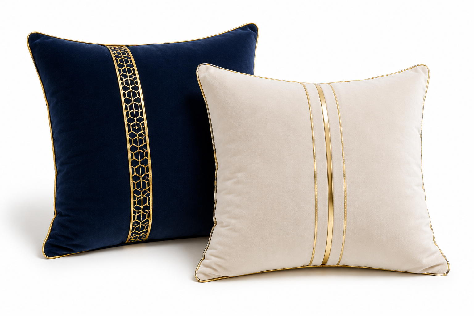 Luxe Living Royal Velvet Cushion Set – Navy Blue & Ivory with Gold Accents (Set of 2)
