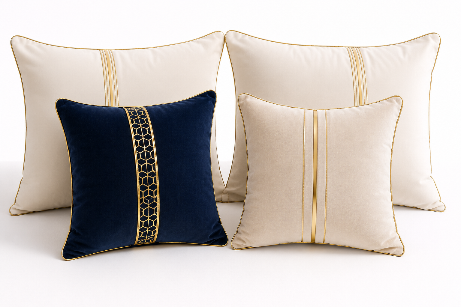 Luxe Living Royal Velvet Pillow & Cushion Set – Navy Blue & Ivory with Gold Accents (Set of 4)
