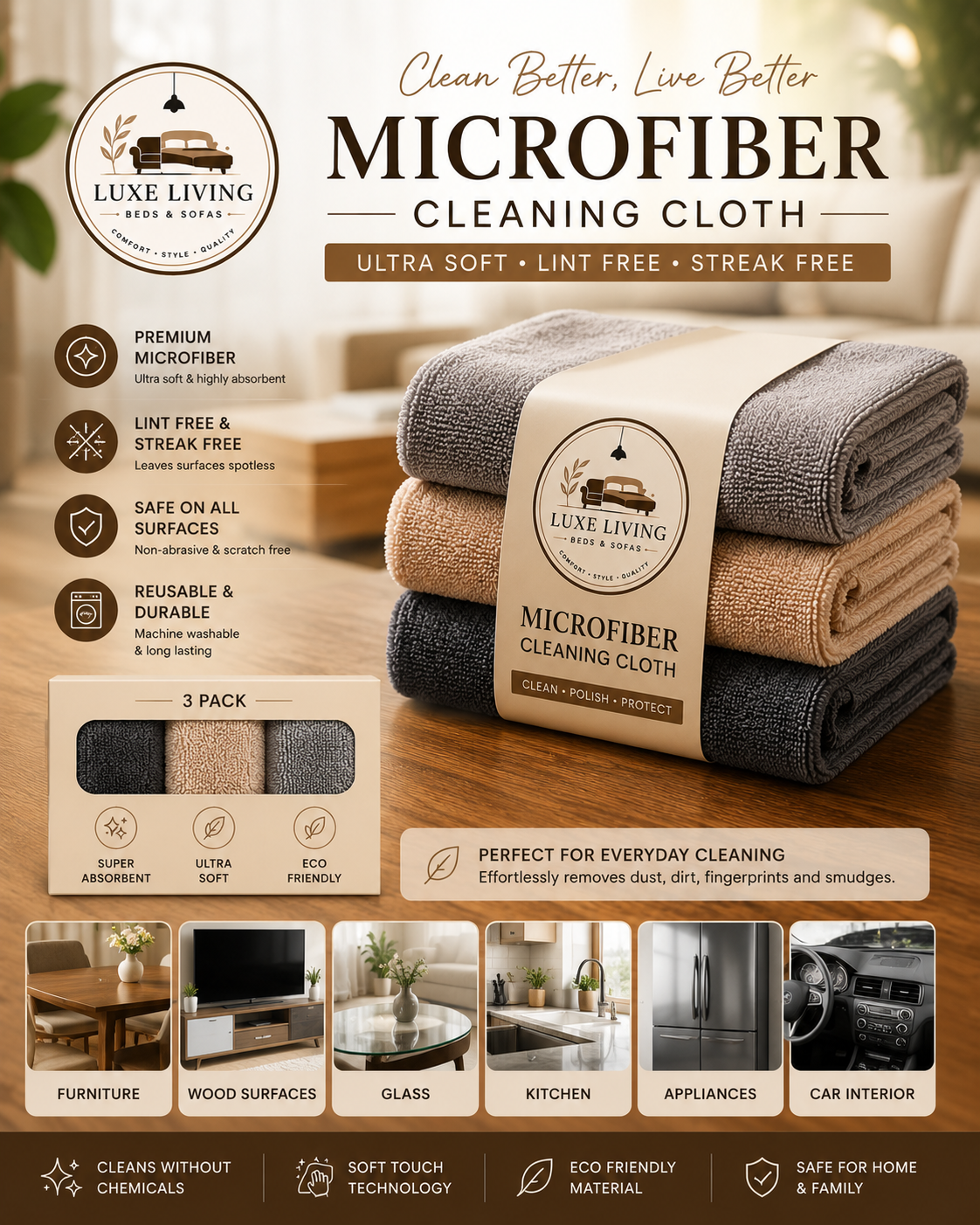 uxe Living Premium Microfiber Cleaning Cloth (3-Pack)